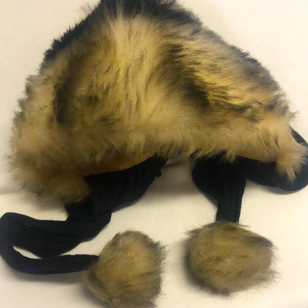 Vintage ladies fake fur hat with scarf tie around neck with fur balls union made